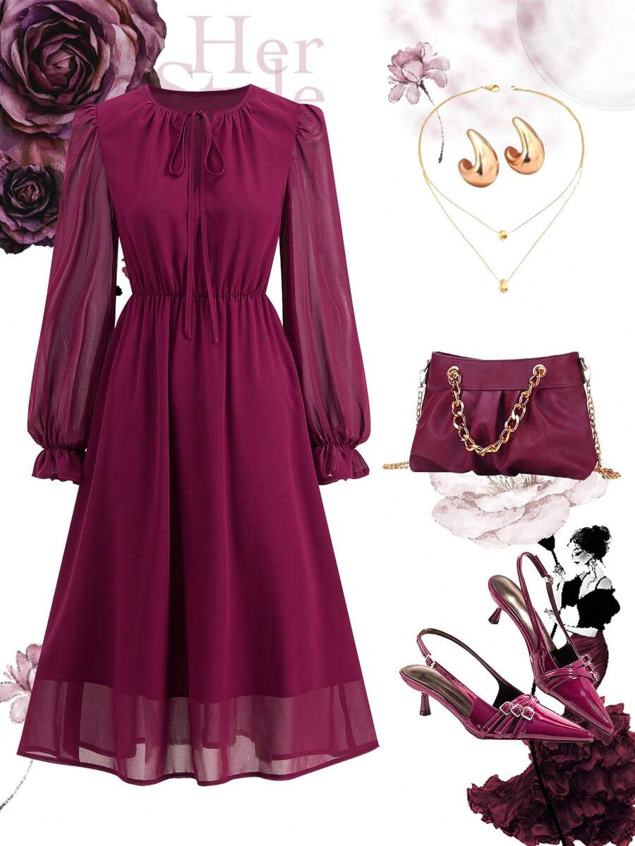 Ellevyn 女士优雅豹纹雪纺飘逸A字灯笼袖连衣裙