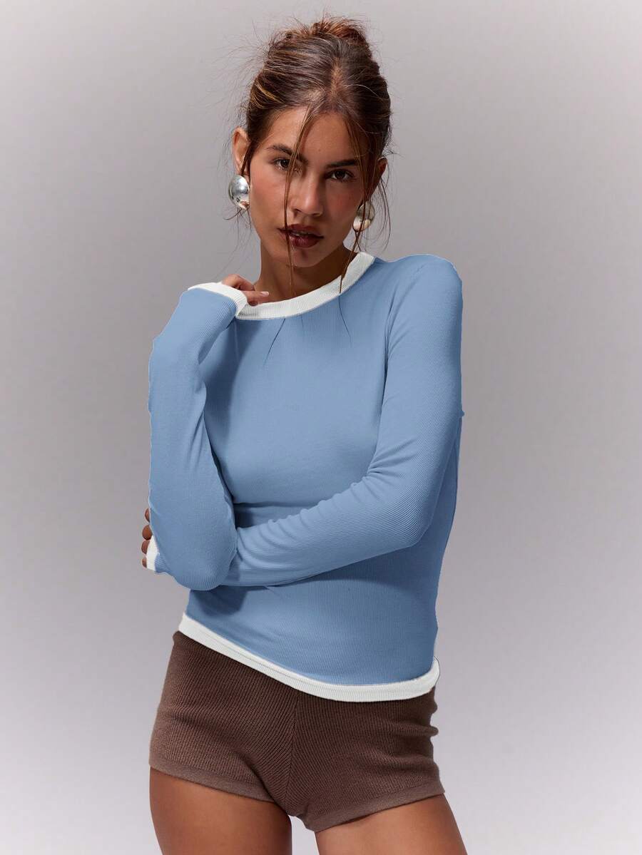 MUSERA Contrast Trim Fitted Long Sleeve Top Casual Vacation Airport Holiday Cute Back To School Winter Spring Summer - Baby Blue - View 1