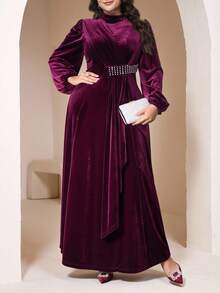 Veilorie Plus Size Women's Elegant Velvet Arabic Style Dress - Burgundy - View 6