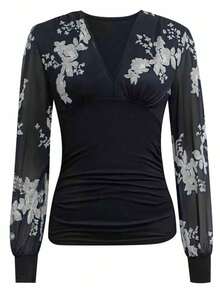 SHEIN LUNE 女士刺绣透视深V领T恤图案T恤女式上衣 - 銀色 - 查看 4