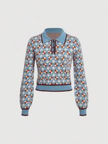SHEIN MOD Women's Geometric Pattern Colorblock Sweater With Contrast Trims And Lantern Sleeves,Long Sleeve Tops,Knitted Sweater In Fall/Winter - Multicolor - View 4