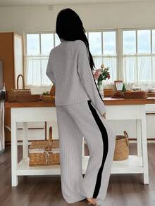 SHEIN 女士休闲撞色拼接半拉链领长袖上衣和阔腿裤家居服套装，冬季服装 - 灰色 - 查看 2