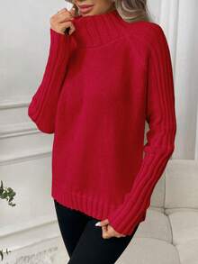 SHEIN LUNE Sweater Kasual Warna Polos dengan Kerah Tegak, Musim Gugur/Musim Dingin - Merah - View 3