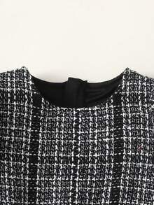 Maija Kids Classic Fashion Versatile Party & Casual Elegant Minimalist Tweed Black & White Plaid Round Neck Puff Sleeve Dress, Suitable For Christmas - Black and White - View 4
