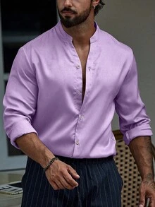 Manfinity Homme 男士纯色单排扣休闲/商务长袖衬衫 - 淡紫色 - 查看 5