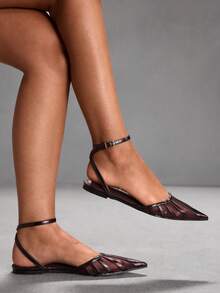 CUCCOO SZL أحذية نسائية مسطحة ذات شريط كاحل وأصابع مدببة، مصنوعة من شبكة معدنية ملونة بطريقة الرقعة، أنيقة وجذابة