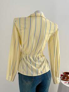 Comfortcana Blue And Yellow Striped Asymmetrical Tie Front Blouse,Autumn Elegant Brunch Women Christmas New Year 70s Tops,Yellow Stripe Tie Strap Blouses - Multicolor - View 2