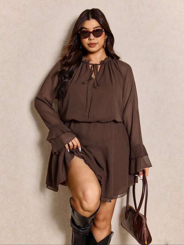 Elaquor 大码优雅纯色通勤连衣裙，秋季