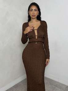 Glamine Women's Coffee Brown Knitted Jacquard Deep V-Neck Hollow Out Frill Trim Long Sleeve Bodycon Maxi Dress,Elegant Autumn Night Out Party Gathering - Khaki - View 2