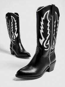 Solezae Modische Damen Schwarz Weiß Kunstleder PU Mandel Zeh Western Stil Chic Cowboy Knie Stiefel mit Blockabsatz Schlupf-an Rodeo Tanz Herbst Winter Schuh - Schwarz - Übersicht 10