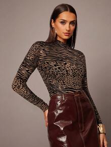 Silquee 秋冬浪漫印花立领动物纹植绒薄纱性感女士长袖T恤，优雅派对/约会/夜店、婚礼、情人节、圣诞节、秋季、女士秋冬 - 咖啡棕 - 查看 7