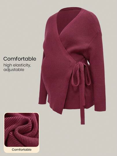 Modmama 秋装,秋季服装,孕妇装秋冬装孕妇纯色交叉裹身落肩长袖休闲罗纹毛衣