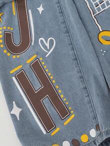 SHEIN 少女新款时尚做旧喇叭牛仔裤，饰有雪花、字母和蝴蝶结图案，柔软舒适，适合秋冬季节、休闲、派对、度假和返校穿着。 - 藍色 - 查看 5