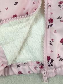 SHEIN 1件女婴连帽毛绒碎花外套，保暖加厚内衬休闲碎花拉链外套，适合秋冬季日常穿着 - 粉色 - 查看 5
