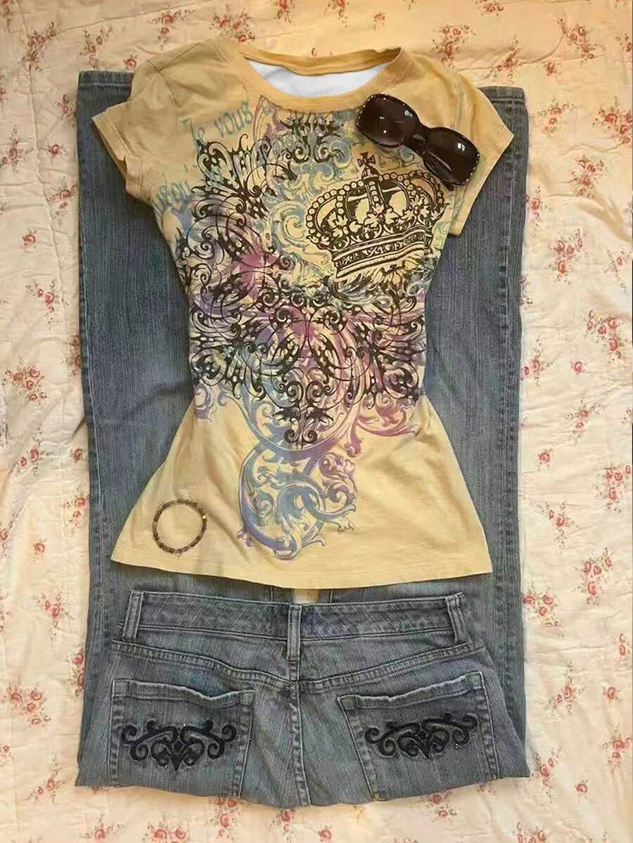 Glimmora 女士休闲时尚印花圆领T恤 - 鵝黃色 - 查看 1