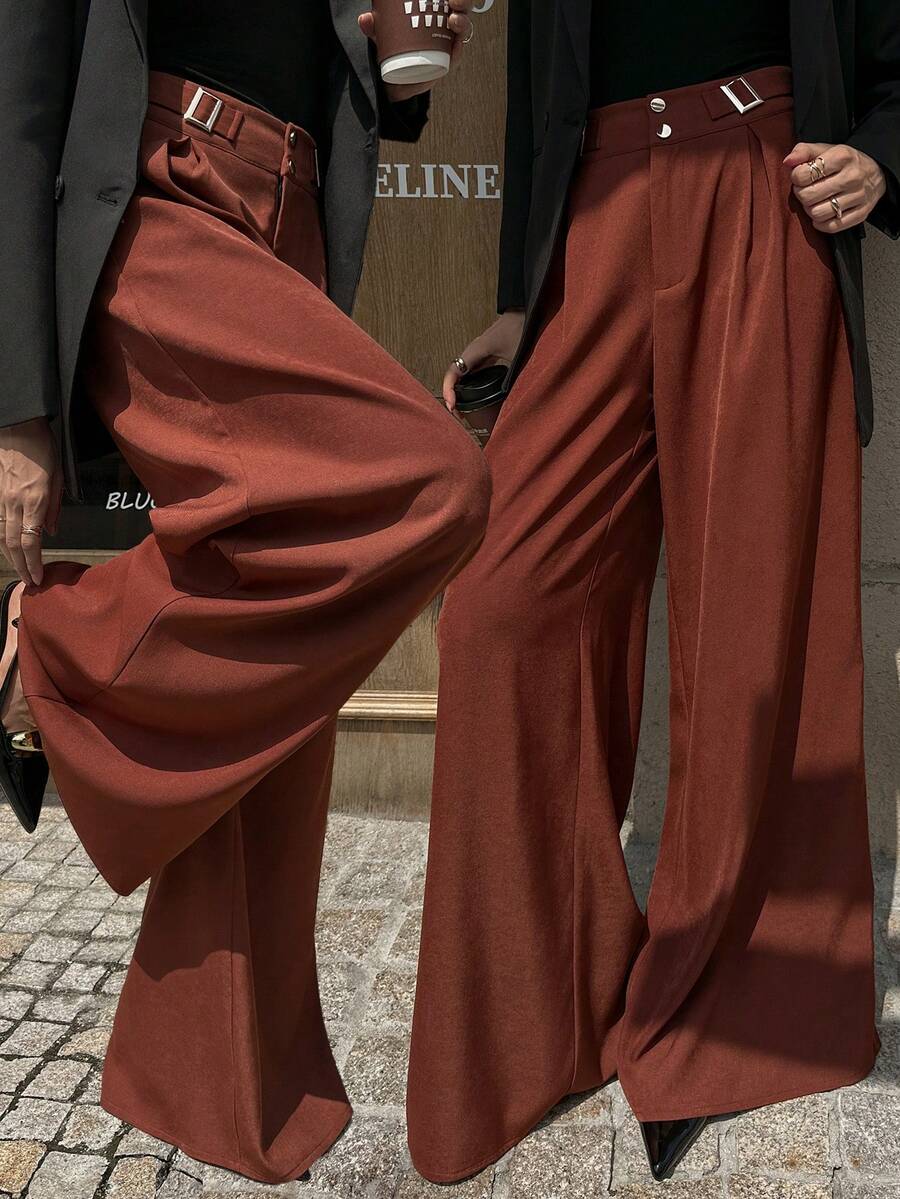 Elyressa Quần ống rộng phong cách Pháp có khóa kim loại trang trí cho nữ - màu nâu - Xem 1