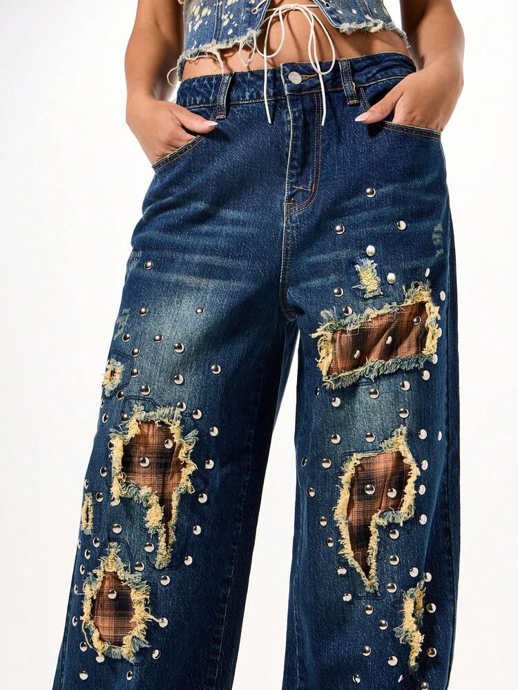 SUMWON Distressed Baggy Denim Jeans With Checkered Patches And Metal Studs Wide Leg Low Rise Festival Grunge Style