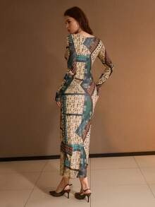 MOTF PREMIUM Đầm dài cổ tròn in họa tiết chắp vá ôm vừa vặn - Nhiều màu - Xem 4