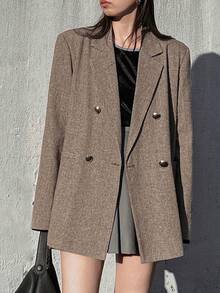 FRIFUL 女士千鸟格翻领长袖双排扣休闲西装外套 - 駝色 - 查看 2