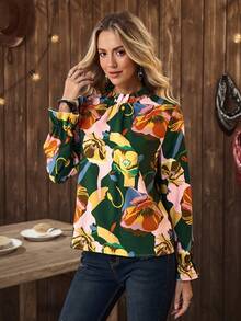 Women's Colorful Printed Casual Long Sleeve Shirt - Green - View 3
