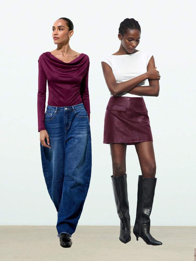 SHEIN Maija Burgundy High Waist A-Line Skirt, Classic A-Line Skirt, Suitable For All Seasons, Easy To Style For Casual, Work, Wedding Guest, Beach, Concert, Party And More. Summer Going Out Graduation