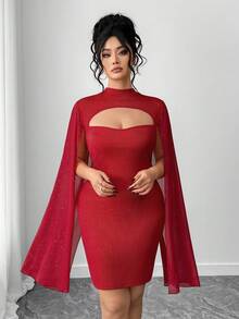 Elenzga Plus Size Women's Heavily Embellished Sexy Chiffon Patchwork Bodycon Dress - Red - View 3