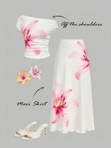 SHEIN MOD Women's Floral Print Ruched Shoulder Blouse And Midi Skirt 2-Piece Set, Long Skirts And Top Set, Women's Summer Set,Party Outfits ,Beach Outfits For Women,Beach Set,Elegant Women's Set,Thanksgiving Outfit,Christmas - Multicolor - View 1