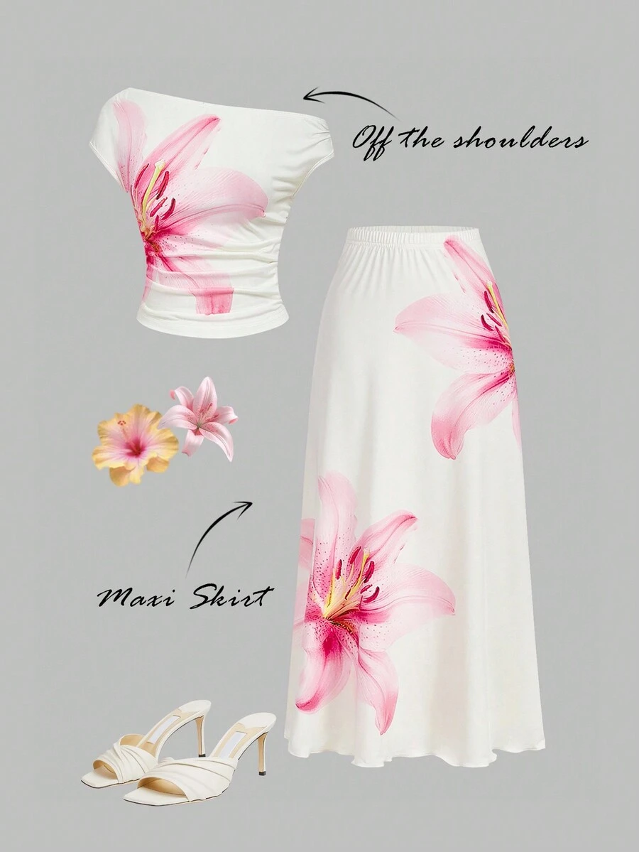 SHEIN MOD Women's Floral Print Ruched Shoulder Blouse And Midi Skirt 2-Piece Set, Long Skirts And Top Set, Women's Summer Set,Party Outfits ,Beach Outfits For Women,Beach Set,Elegant Women's Set,Thanksgiving Outfit,Christmas - Multicolor - View 1