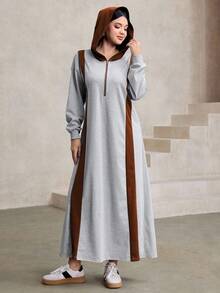 Graceveil Sweatshirt Hoodie Wanita Kasual dengan Blok Warna Kontras, Model Longgar Panjang, Musim Gugur/Dingin - Coffee Brown - View 3