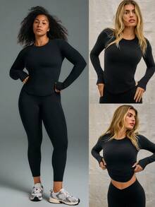 GLOWMODE FeatherFit™ Waist Slimming Curved Long Sleeve Top Low Impact Yoga Daily  Gym - Black - View 8