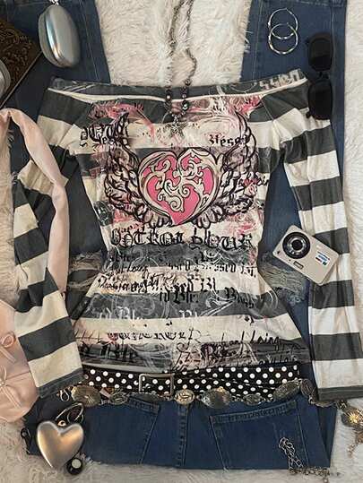 StreetHx Dam Y2K Sweet 2000S Rosa Ängelhjärttryck, Svart och grå randig enaxlad långärmad T-shirt, Lämplig för skolstartssäsongen, En present till systrar