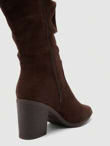 Solezae 西部时尚女式叠层粗跟面料绒面革黑色休闲及膝西部靴——轻松展现乡村魅力和日常风格。 - 棕色 - 查看 5