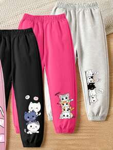 4pcs Set Cozy Fall & Winter Styles Baby Girls Casual Fashion Creative Personalized Fresh Minimalist Cute Cartoon Cat Heart Pattern Letter Graphic Print Sweatpants - Multicolor - View 5
