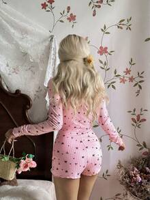 SHEIN Women's Bow & Heart Print Ribbed Knit Romper, Casual & Comfortable Long Sleeve Romper, Winter - Multicolor - View 2