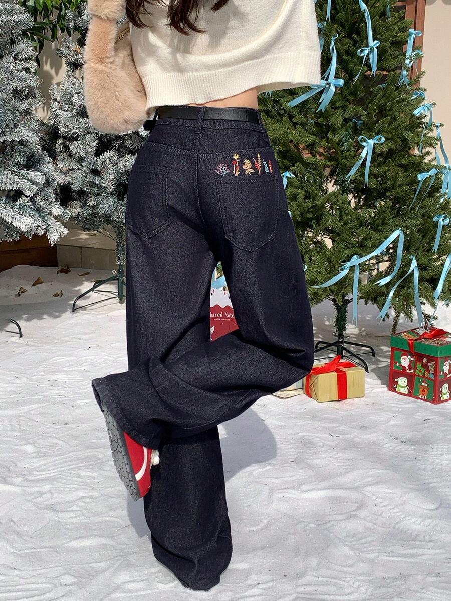 DAZY 女士花卉刺绣休闲牛仔裤 - 藍色 - 查看 1