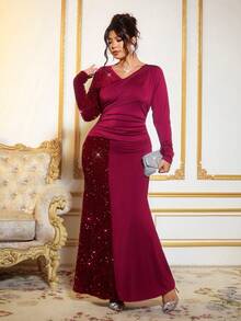 Cravure Đầm bodycon đuôi cá đính sequin nhung dự tiệc thanh lịch thu/đông dành cho nữ - Màu Đỏ Sâu - Xem 3