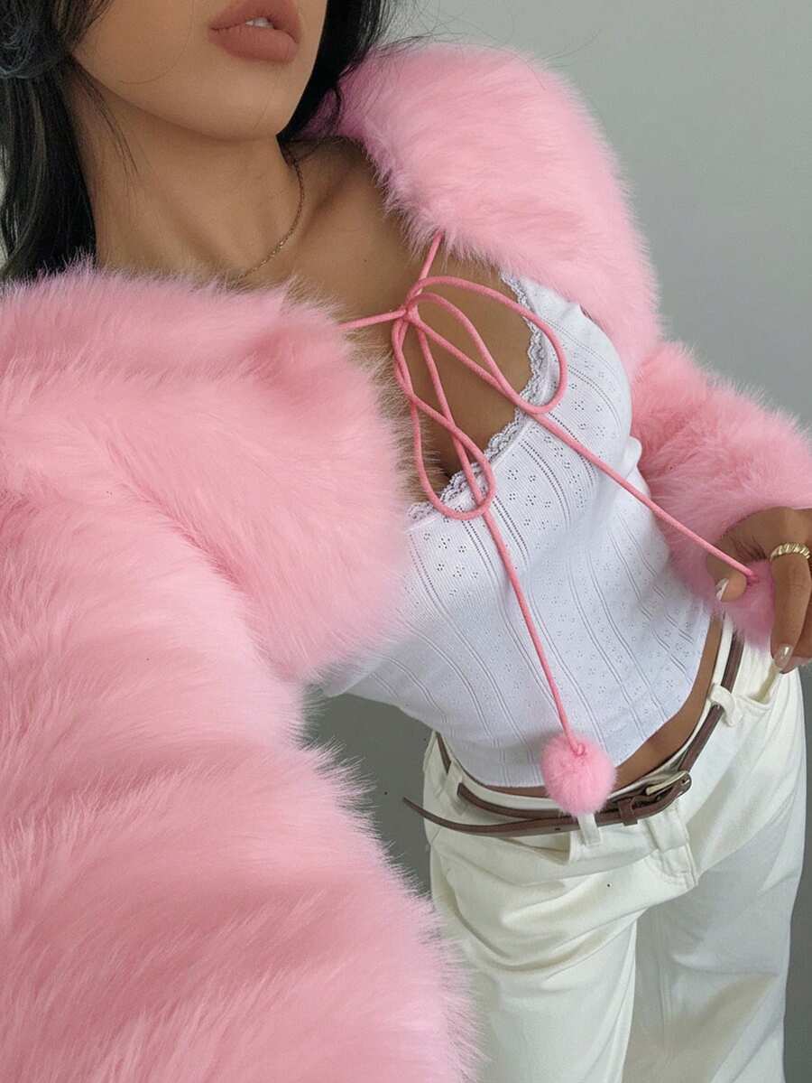 SHEIN SXY Chaqueta de chal de piel sintética blanca sexy y linda para otoño/invierno - Rosa Pálido - Ver 1