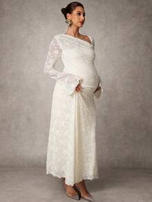 MaterniChic Maternity Clothes Maternity  Dress Spring And Summer Pregnant Clothes White Dress Jacquard One Shoulder Elegant Party Romantic - Apricot - View 5