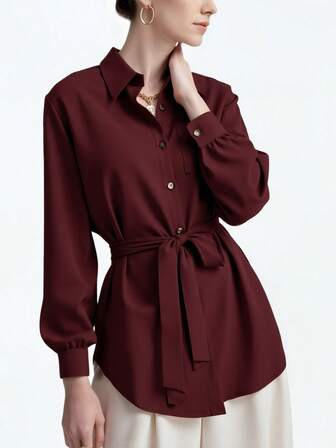 Aalyst Cămașă solidă cu curea în față, cu mâneci lungi