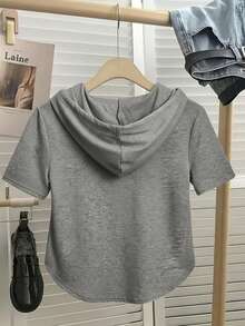 Chiquease Women's Casual Asymmetrical Drawstring Zip-Up Hooded Short Sleeve Sweatshirt, Spring/Summer - Dark Grey - View 2