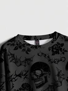 ROMWE Grunge Punk Plus Size Vintage Street Style Skull, Thorn, Dark Plant Palm Print Plus Size Gothic Sweatshirt