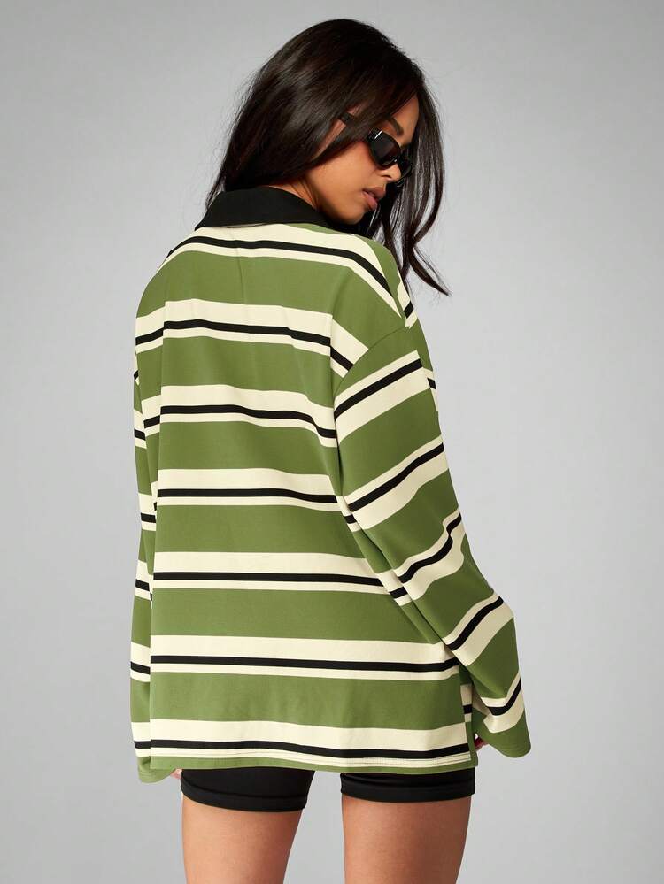 MISSGUIDED Stripe Long Sleeve Rugby Polo Shirt With Button Placket And Contrast Collar For Women Casual Oversized Fit Top