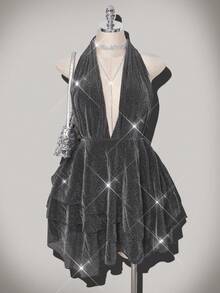 SHEIN ICON 大码女式深V领闪亮性感不对称下摆吊带连衣裙 - 銀色 - 查看 3