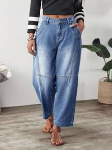 EMERY ROSE Plus Size Women Pockets Wide Leg Loose Casual Versatile Jeans - Blue - View 5