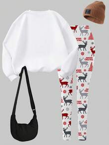 Christmas Reindeer Print Thermal Lined Crew Neck Sweatshirt + Leggings Set For Tween Girls Fashionable & Versatile For Casual Wear, Autumn & Winter - Multicolor - View 2