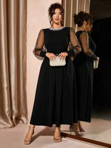 Cravure 新款大码女士优雅珍珠串珠网纱A字连衣裙，珍珠领，网纱袖，黑色时尚，都市优雅女士风格，适合派对、宴会、办公室聚会，法式优雅，高贵公主风连衣裙 - 黑色 - 查看 1