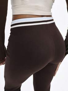 BABYPHAT Quần legging ống loe dài, cạp cao, dệt kim gân màu nâu, họa tiết sọc trắng tương phản, thích hợp mặc thường ngày - màu nâu - Xem 8
