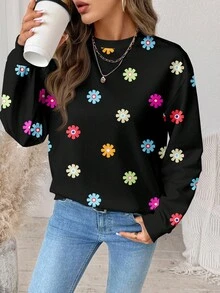 SHEIN LUNE Áo sweatshirt dài tay cổ tròn màu đen dáng rộng, thoải mái, ấm áp, phong cách retro, dễ thương, thích hợp cho gia đình/anh chị em/mặc đôi, in họa tiết hoa nhiều màu sắc, dành cho nữ, phù hợp cho mùa thu/đông. - Nhiều màu - Xem 4