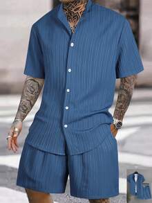 Manfinity Swimmode 男士纯色休闲短袖衬衫和短裤套装