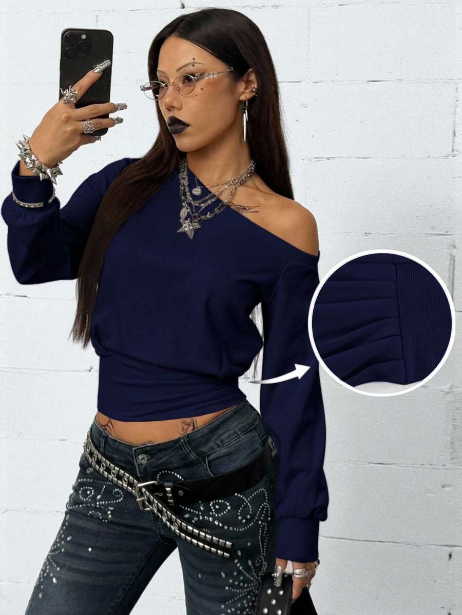 Coolane Women's Fall Streetwear Casual Going Out Minimalist Daily Wear Essentials Fashion Asymmetrical Neck Grey Fitted Sweatshirt,Fall,Fall Clothes For Women,Women's Winter Clothes - Navy Blue - View 1